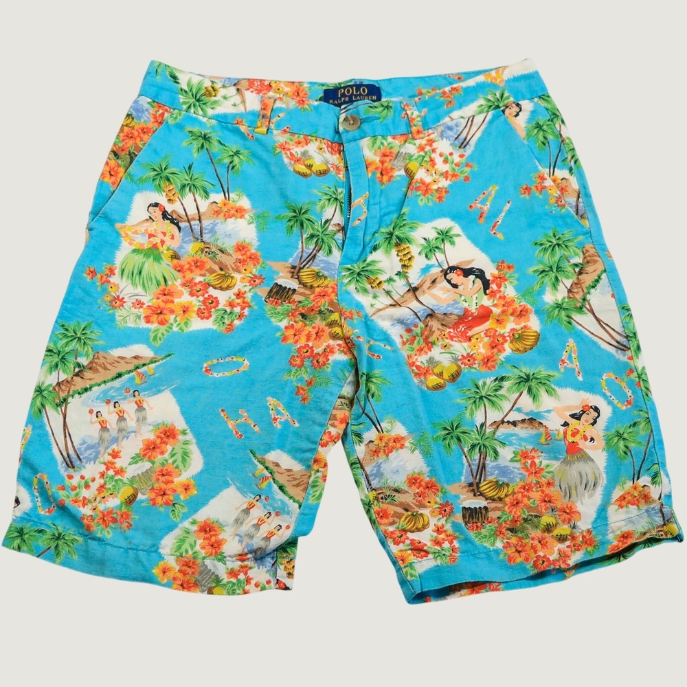 Polo Ralph Lauren Shorts Kids Size 14 Blue Hawaiian Hula Girl Linen Cotton Print